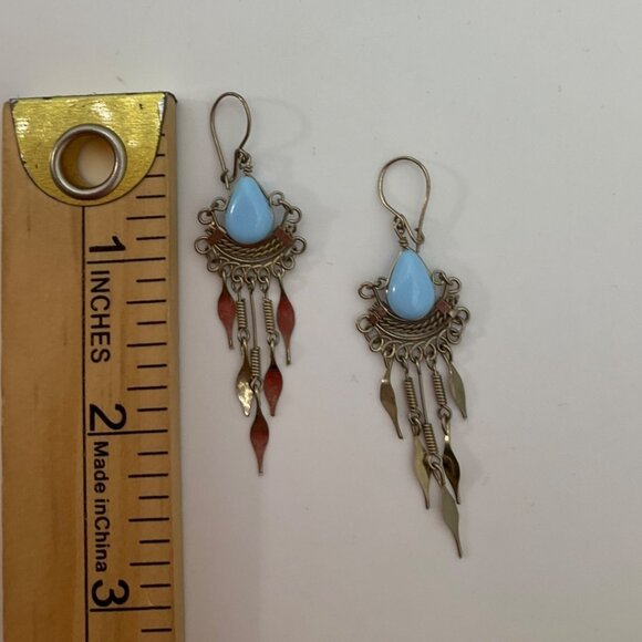 New VTG Tribal Artisan Handmade Dangle Drop Earrings Blue Opal 2"Metal Wire Art - Picture 5 of 7